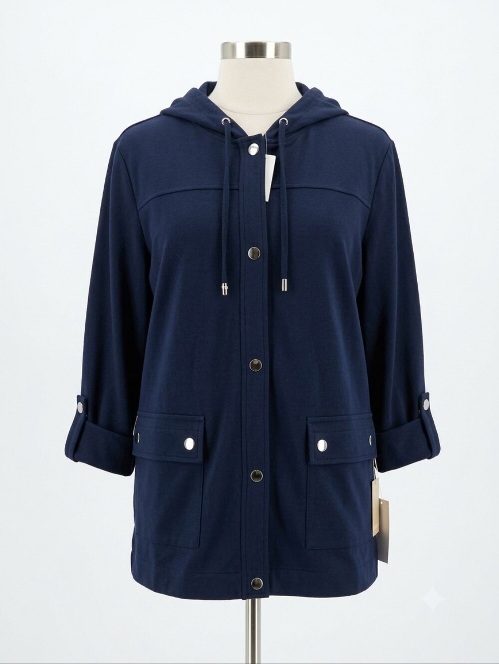 Chico's NWT Women's Navy Hooded Button-Front Jacket, Size 2 (12/14)